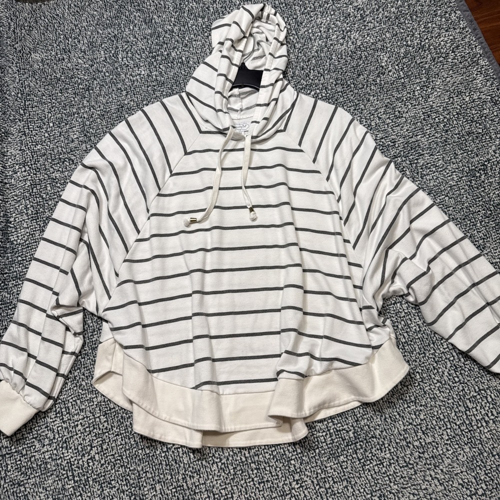 Mud Pie Striped Poncho Hoodie Women's M/L Slouchy Knit Pullover Cream Gray